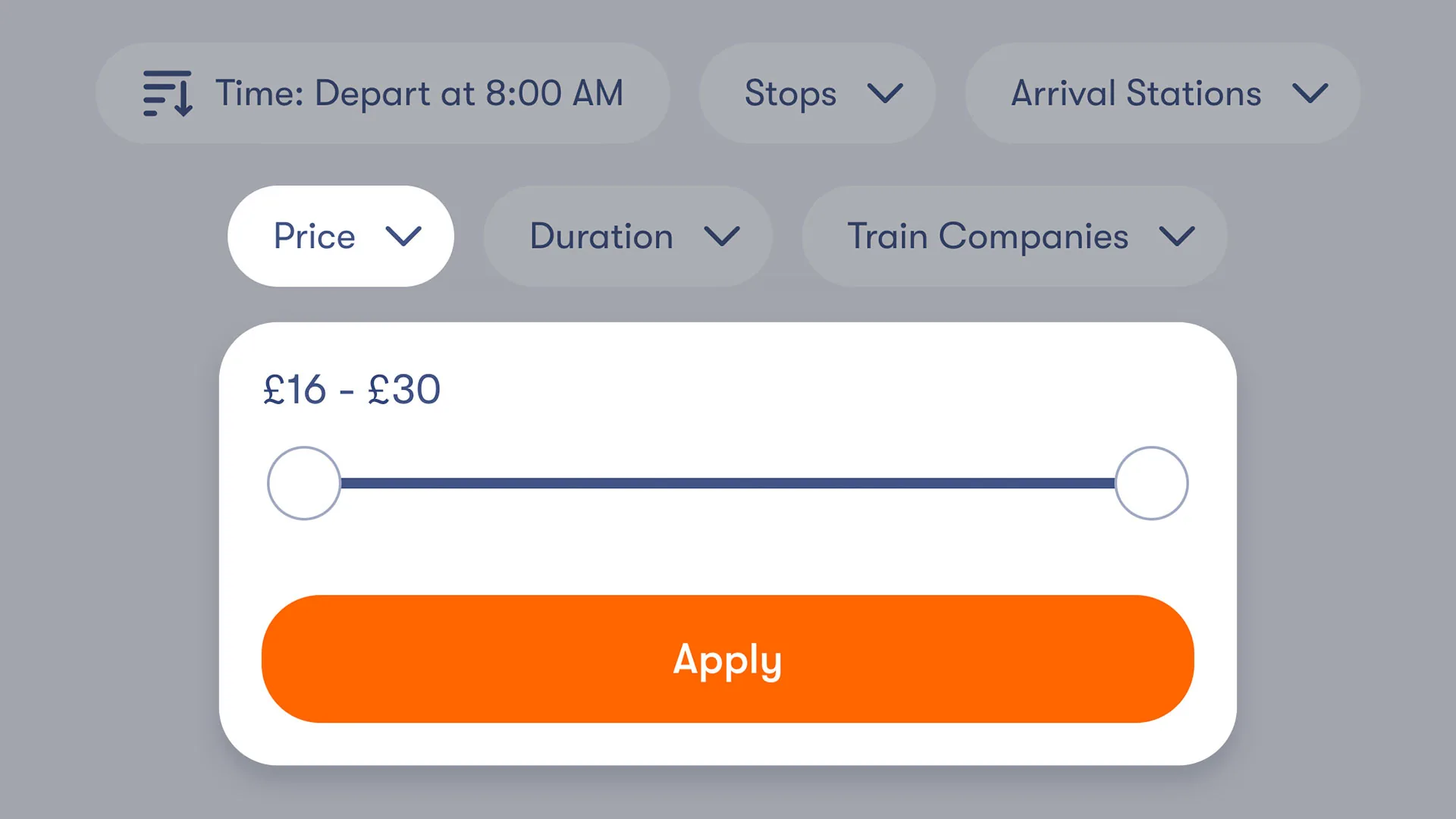 Train ticket search filters