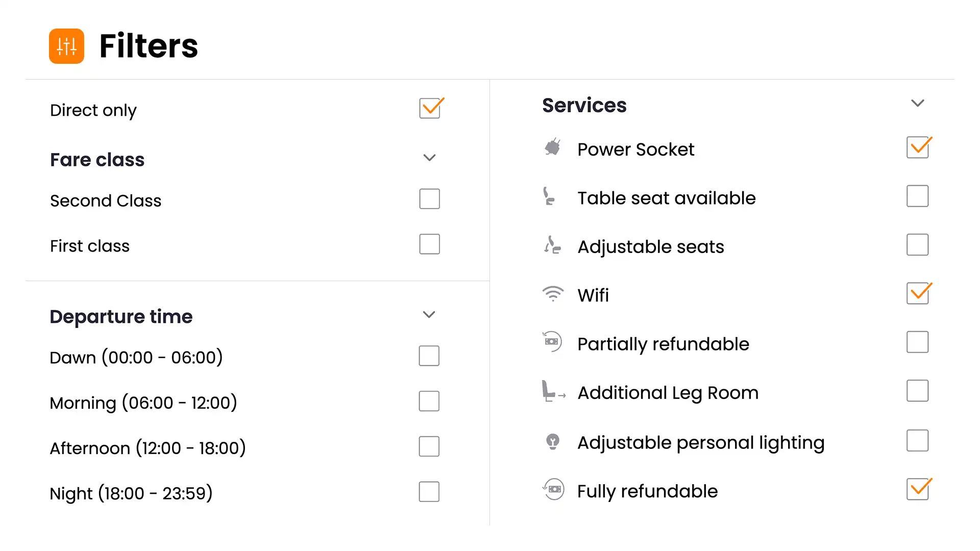 Train ticket search filters
